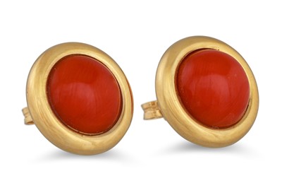 Lot 19 - A PAIR OF CORAL SET STUD EARRINGS, mounted in...
