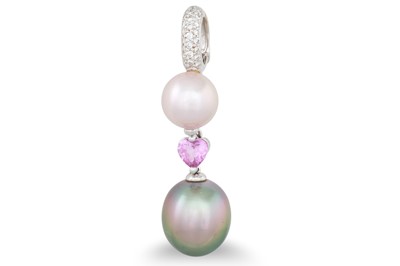 Lot 192 - A PINK PEARL, PINK SAPPHIRE AND TAHITIAN PEARL...