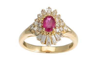 Lot 108 - A RUBY AND DIAMOND CLUSTER DRESS RING, the...