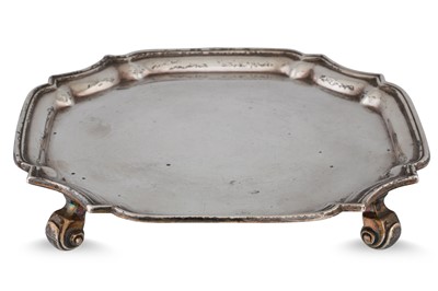 Lot 386 - A PRE-WAR SILVER CARD TRAY, of shaped square...