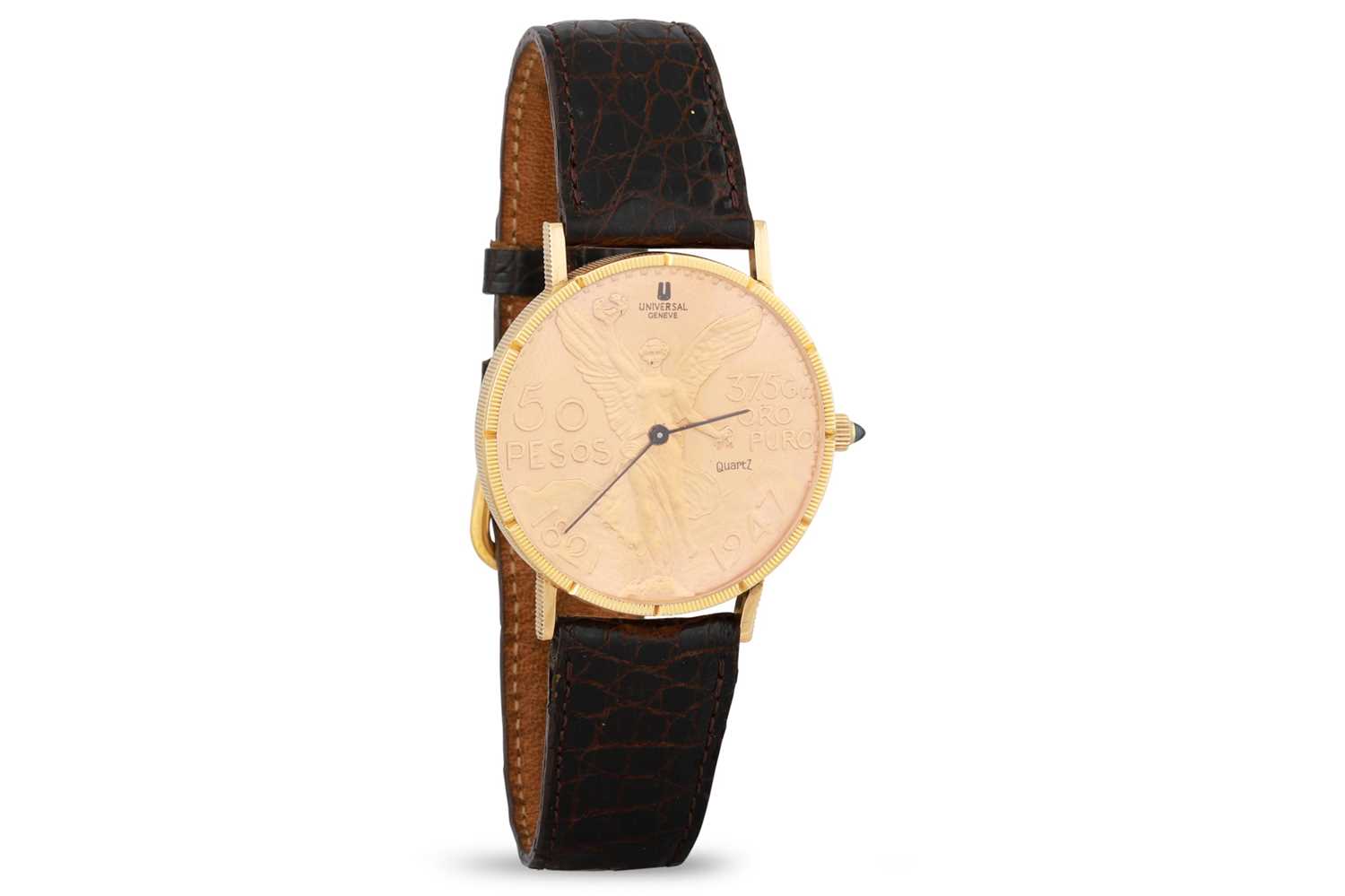 Lot 334 - A GENT'S GOLD UNIVERSAL GENEVE 50 PESOS/GOLD...