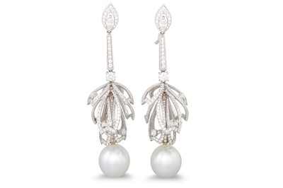 Lot 166 - A PAIR OF PEARL AND DIAMOND DROP EARRINGS, of...