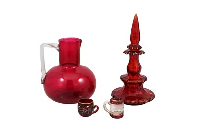 Lot 475 - A VICTORIAN RUBY JUG AND PERFUME BOTTLE,...