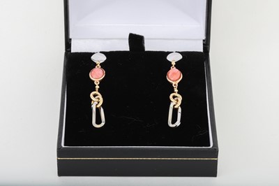 Lot 44 - A PAIR OF CORAL SET DROP EARRINGS, with yellow...