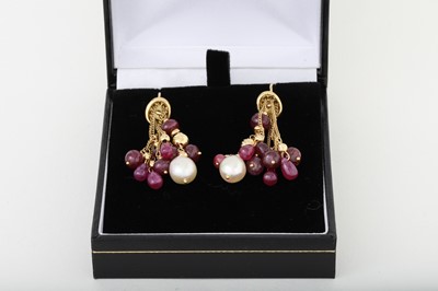 Lot 53 - A PAIR OF RUBY AND PEARL DROP EARRINGS, of...