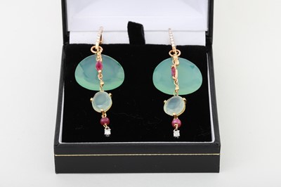 Lot 58 - A PAIR OF DIAMOND, RUBY AND CHALCEDONY DROP...