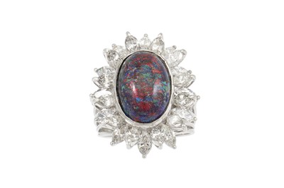 Lot 172 - AN OPAL AND DIAMOND CLUSTER RING, the black...