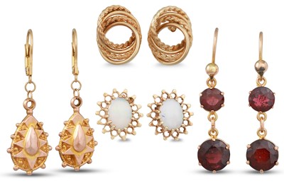 Lot 8 - FOUR PAIRS OF 9CT GOLD EARRINGS, two gem set,...