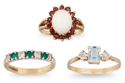 Lot 10 - THREE STONE SET DRESS RINGS, all mounted in...