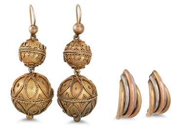 Lot 16 - A PAIR OF THREE COLOUR GOLD EARRINGS, together...