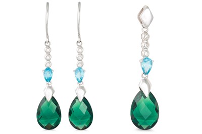 Lot 177 - A PAIR OF TOPAZ AND GREEN GEMSTONE DROP...