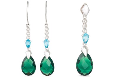 Lot 158 - A PAIR OF TOPAZ AND GREEN GEMSTONE DROP...