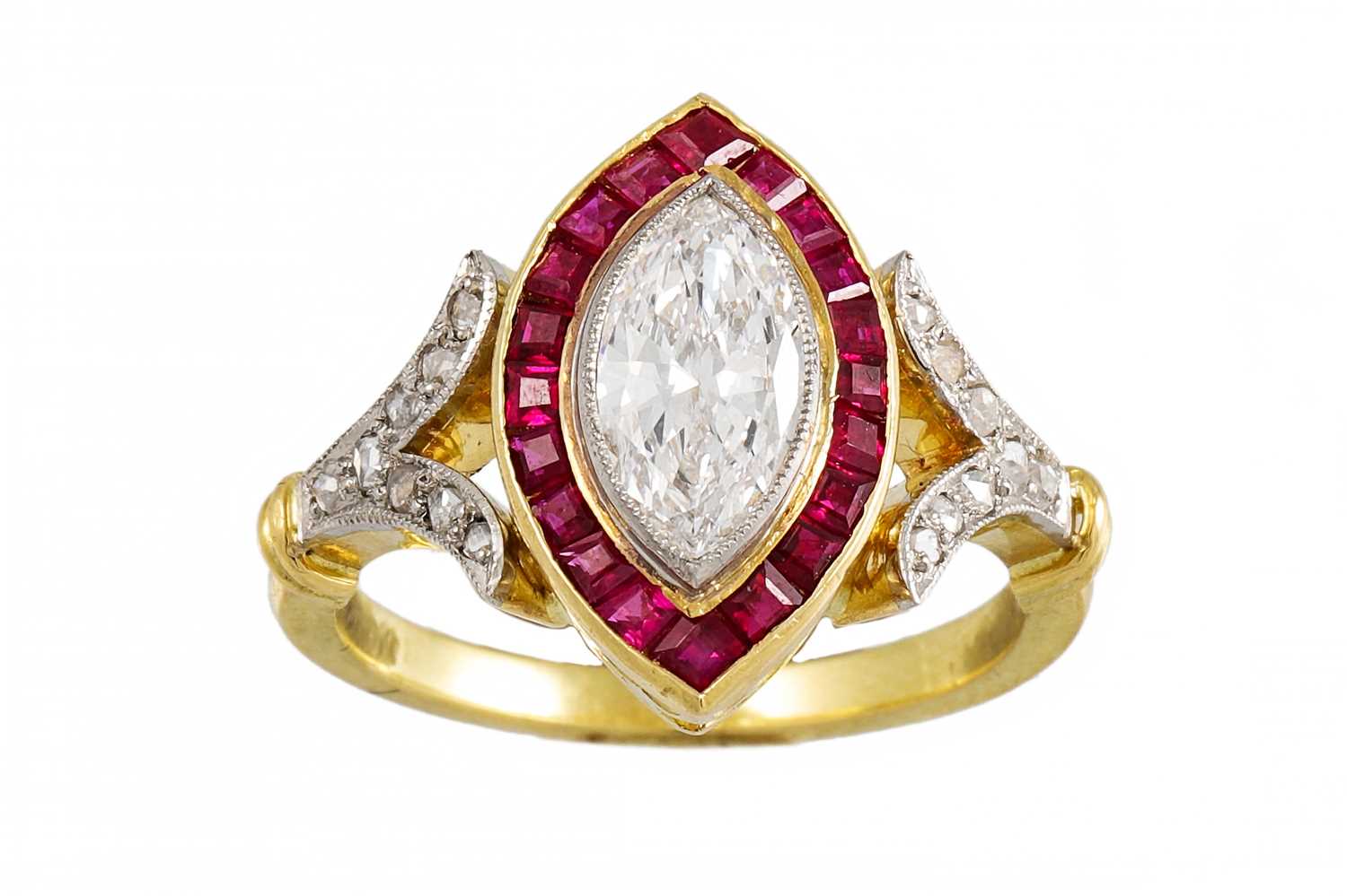 Lot 243 - A RUBY AND DIAMOND CLUSTER RING, the marquise...