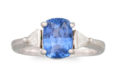 Lot 247 - A SAPPHIRE AND DIAMOND THREE STONE RING, the...