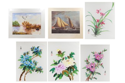 Lot 432 - A SET OF WORKS ON FABRIC, depicting flowers,...