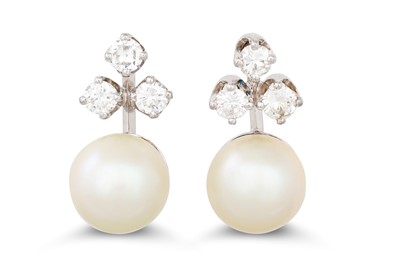 Lot 185 - A PAIR OF PEARL AND DIAMOND EARRINGS, each...
