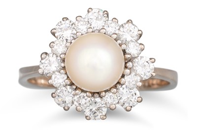 Lot 188 - A PEARL AND DIAMOND CLUSTER RING, the central...