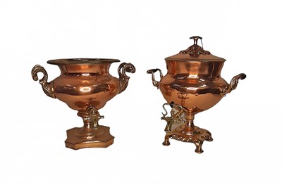 Lot 483 - A MATCHED PAIR OF ANTIQUE COPPER SAMOVARS WITH...