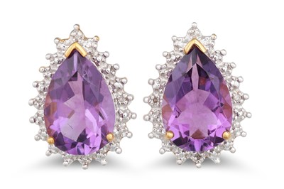 Lot 82 - A PAIR OF DIAMOND AND AMETHYST EARRINGS, the...