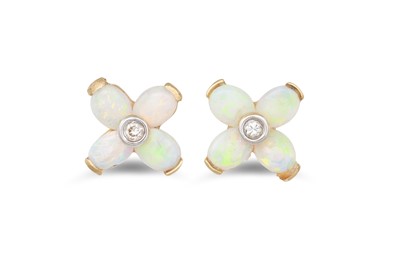 Lot 91 - A PAIR OF OPAL AND DIAMOND EARRINGS, mounted...