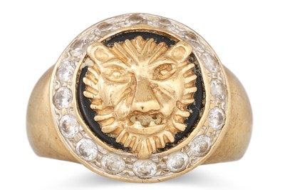 Lot 127 - A 9CT GOLD GENT'S LION HEAD RING, 6.4 g.