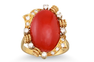 Lot 220 - A CORAL AND DIAMOND RING, the oval coral to...