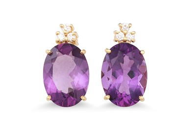 Lot 221 - A PAIR OF AMETHYST AND DIAMOND EARRINGS, each...