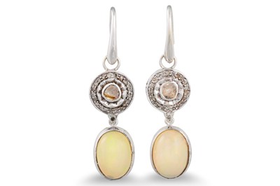 Lot 226 - A PAIR OF OPAL AND DIAMOND DROP EARRINGS, the...