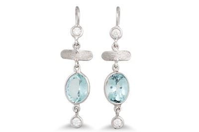 Lot 227 - A PAIR OF AQUAMARINE AND DIAMOND DROP EARRINGS,...