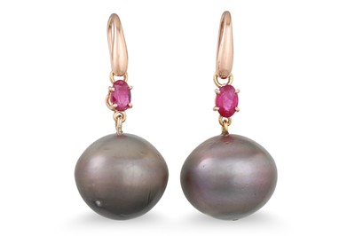 Lot 241 - A PAIR OF TAHITIAN PEARL AND RUBY DROP...