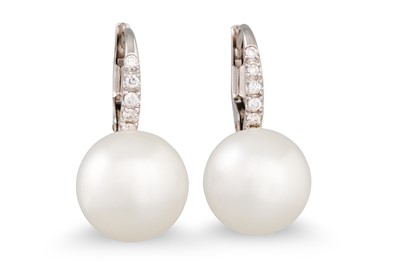 Lot 247 - A PAIR OF SOUTH SEA PEARL AND DIAMOND EARRINGS,...