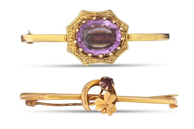 Lot 140 - TWO AMETHYST SET BROOCHES, mounted in 9ct gold,...