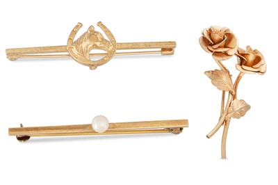 Lot 143 - TWO 9CT GOLD BROOCHES, one in the form of...