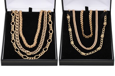 Lot 176 - SIX 9CT GOLD FANCY LINK NECK CHAINS, 188 g.