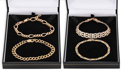 Lot 188 - FOUR 9CT GOLD HEAVY FANCY LINK BRACELETS, 56.9 g.