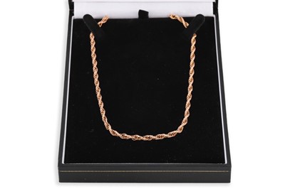 Lot 215 - A 9CT GOLD ROPE LINK NECK CHIAN, 13 g.