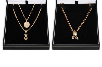 Lot 221 - THREE GOLD PENDANTS, and chains, 26.5 g.