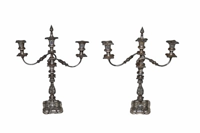 Lot 547 - A PAIR OF VICTORIAN SILVER PLATED THREE BRANCH...