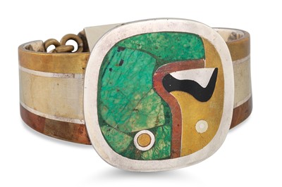 Lot 5 - A MEXICAN DESIGN BANGLE, c 1980s inlaid with...