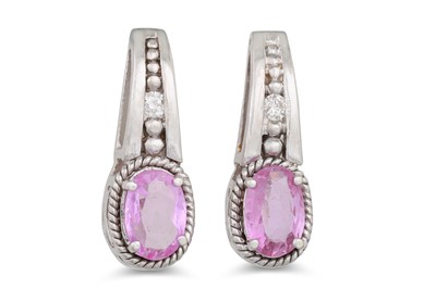 Lot 24 - A PAIR OF DIAMOND AND PINK SAPPHIRE EARRINGS,...