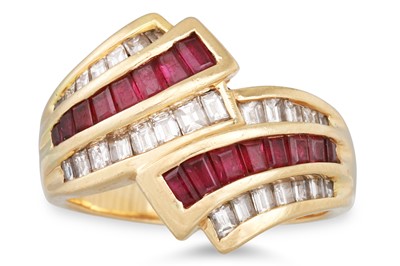 Lot 59 - A DIAMOND AND RUBY CLUSTER RING, the baguette...