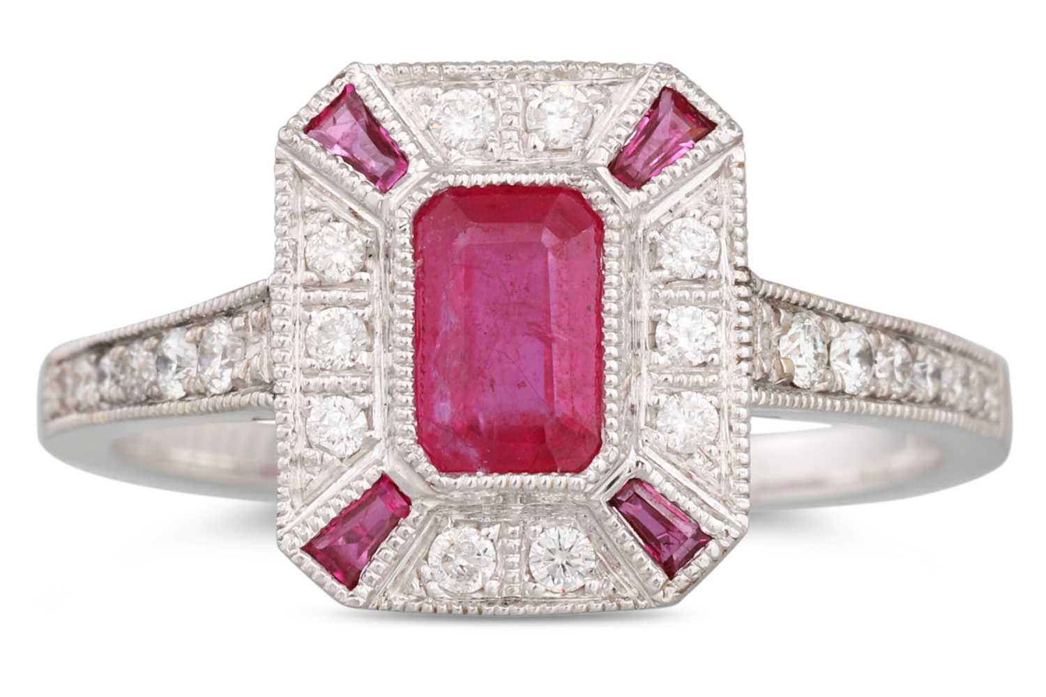 Lot 78 - A DIAMOND AND RUBY ART DECO STYLE RING, the...
