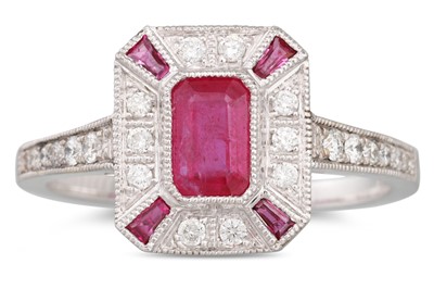 Lot 78 - A DIAMOND AND RUBY ART DECO STYLE RING, the...