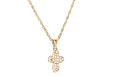 Lot 96 - AN 18CT GOLD CROSS AND CHAIN, set with white...