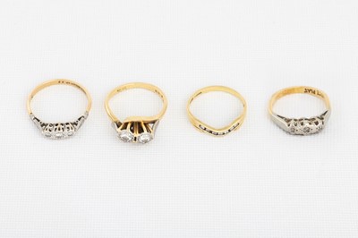 Lot 157 - FOUR 18CT GOLD RINGS, two ring with platinum...