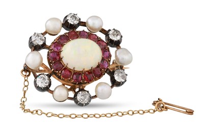 Lot 43 - AN ANTIQUE OPAL, PEARL, DIAMOND AND RUBY...