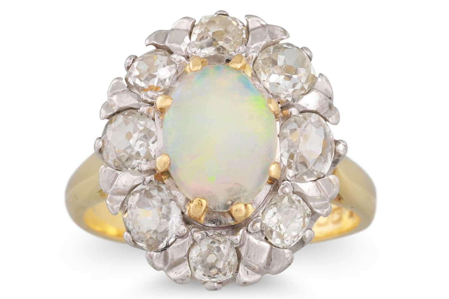 Lot 45 - A VINTAGE OPAL AND DIAMOND CLUSTER RING, the...