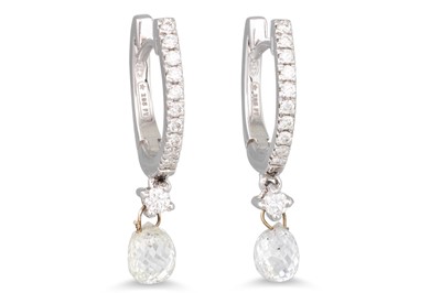 Lot 234 - A PAIR OF DIAMOND DROP EARRINGS, the diamond...