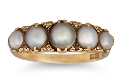 Lot 48 - AN ANTIQUE FIVE STONE PEARL RING, with diamond...