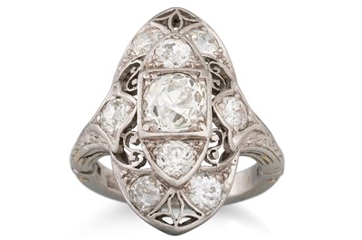 Lot 320 - AN ART DECO BOAT SHAPED DIAMOND CLUSTER RING,...